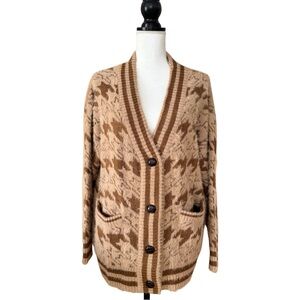 KORI NWOT Fuzzy Knit Cardigan Tan Brown Houndstooth Button Front Cozy Soft M/L